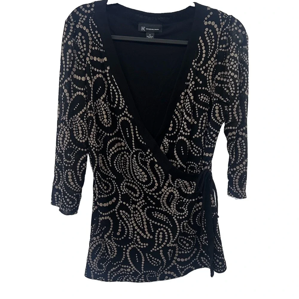 INC International Concepts Black Faux Wrap Blouse Beige Dot Paisley Pattern M